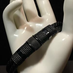H0004 Woven Leather Rope Bracelet Black Tone